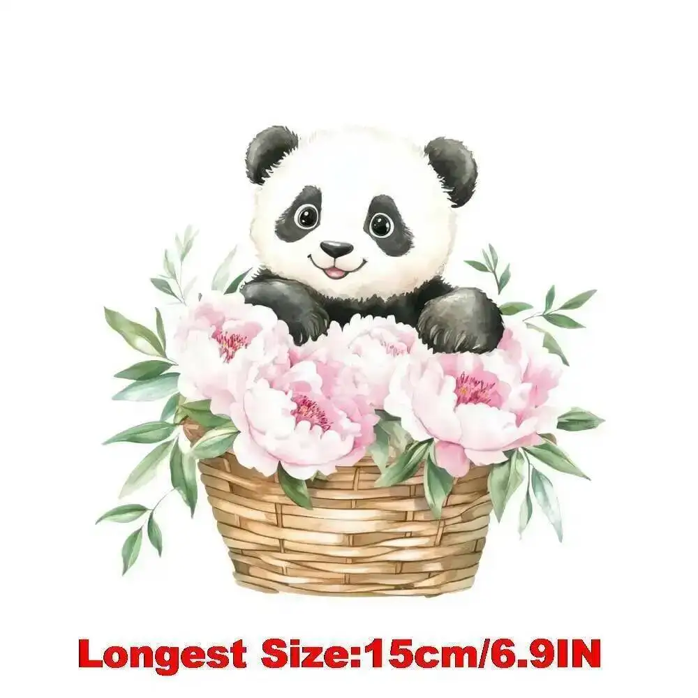 15cm Cartoon Gardening Chinese Panda Flower Iron On Transfer Stickers Diy DTF Heat Transfer Sticker T-shirt Clothes Decals