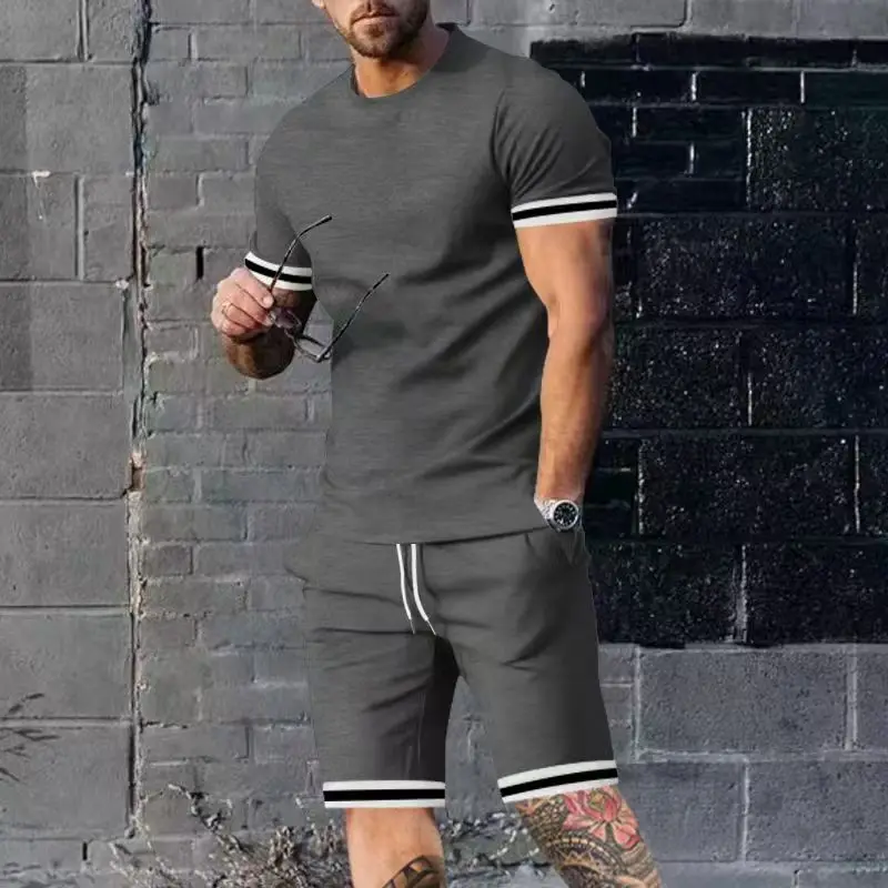2026 New Fashionable Summer Men's Sports Running Set with Stripe Printed Casual Speed Drying Basketball Training Two Piece Set