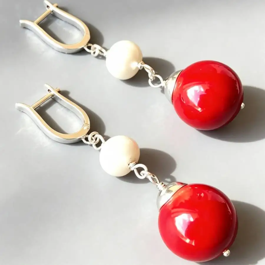 Boho Red Coral White Bead Long Dangle Leverback Earrings Silver Handmade Drop Earrings Elegant Women Wedding Party Jewelry Gift