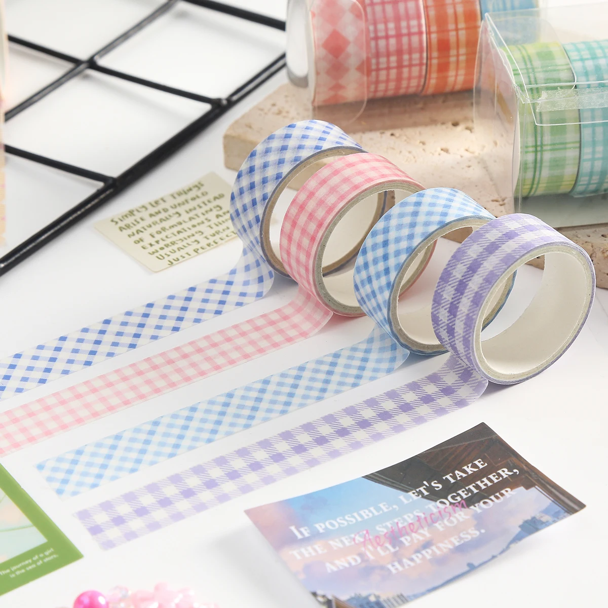 Cute Retro Plaid Washi Tape Set, DIY Scrapbook Stickers, Notebooks, Holiday Decoration Supplies, Student Back-to-School Supplies view 3