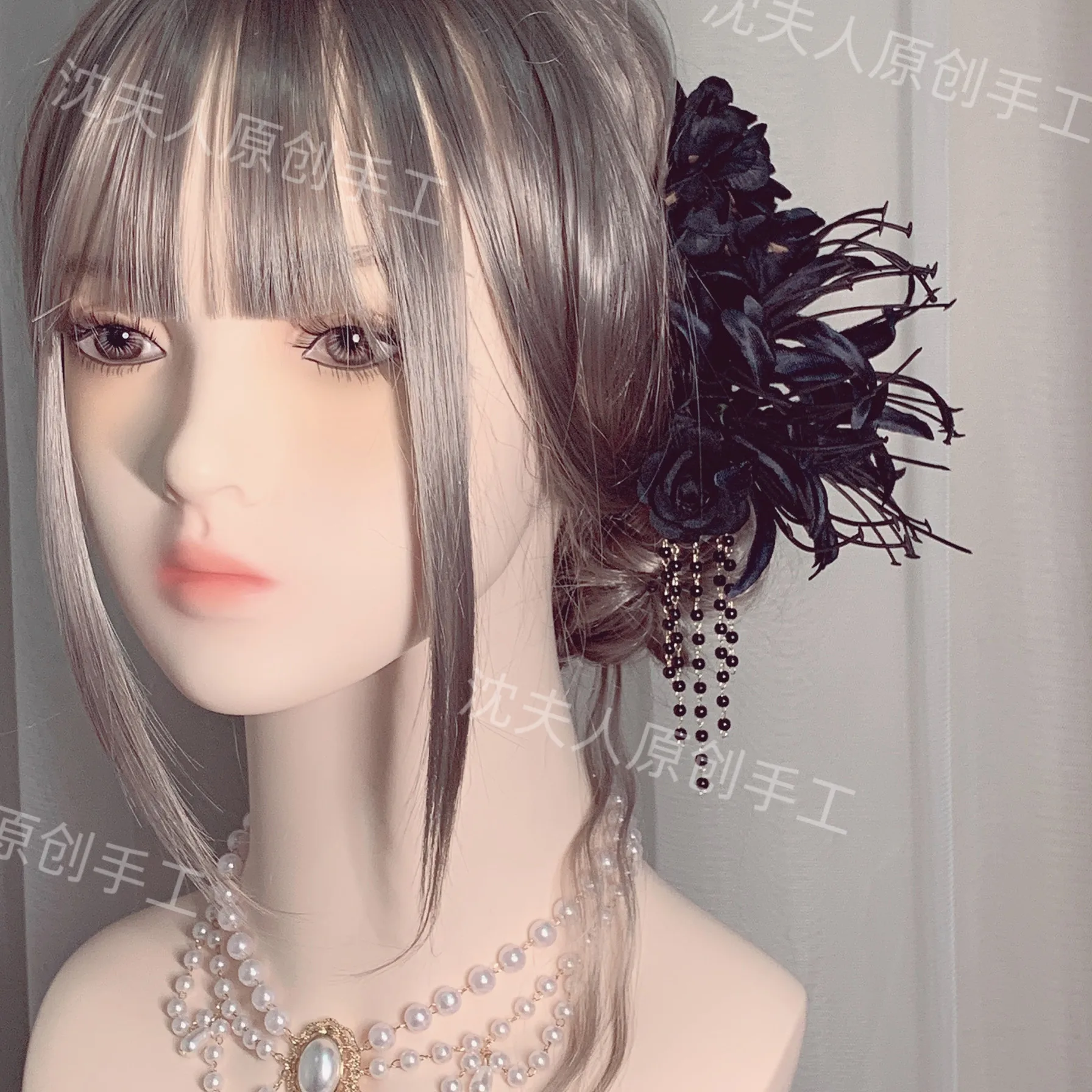Lolita Original Handmade Black Flower Fringed Hairpin  Women's Headwear