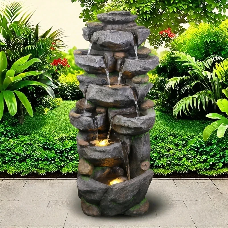 custom.Large Outdoor LED Tiered Fountain Ornament Polyresin Rockery Curtain Wall Stylish Artificial Garden Yard Lawn view 4
