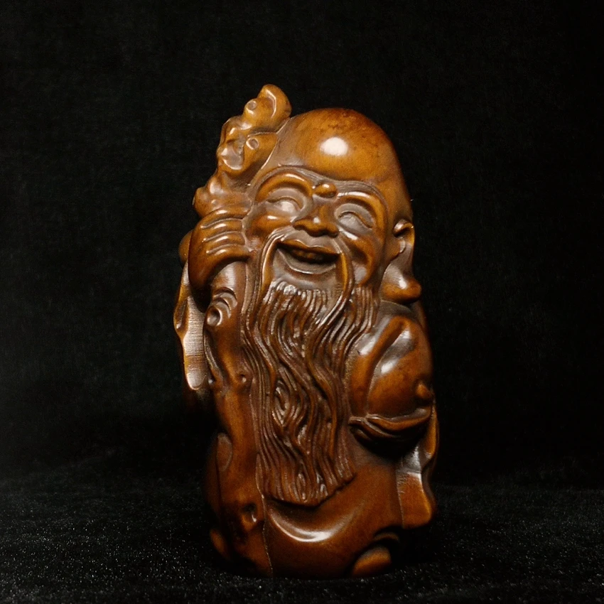 

YIZHU CULTUER ART Size 3.2 Inch Old Chinese Boxwood Wood Hand carved Peach god of longevity statue Gift table decoration Gift