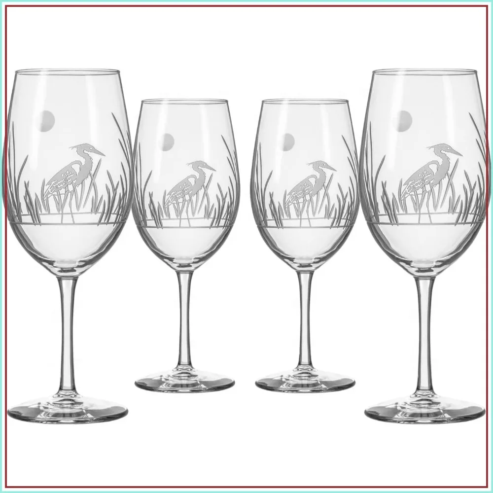 Heron All Purpose Wine Glass 18oz Set of 4 Lead-Free Engraved Coastal Bird Design USA
