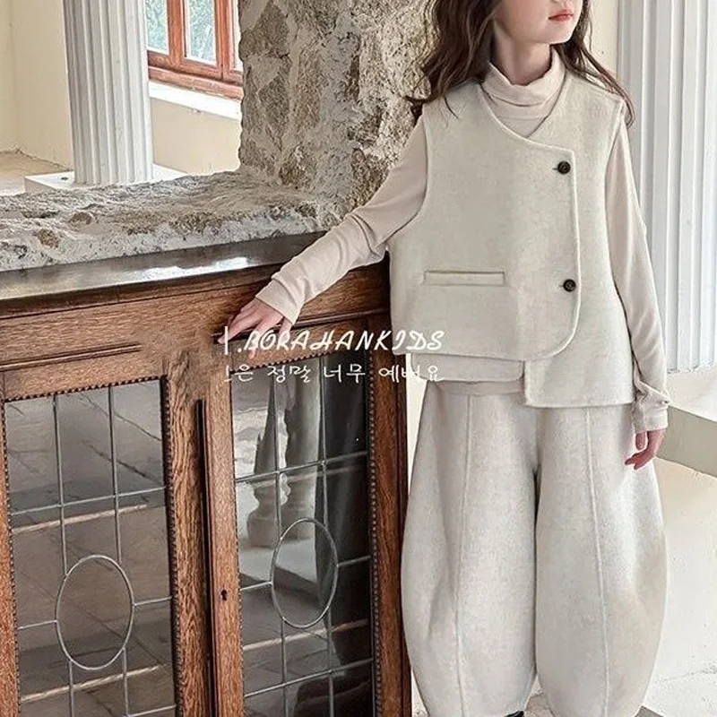 Winter Elegance Fashion Girls Sweet Casual Kids Princess Thick Waistcoat+Turtleneck Base shirt+Pants Children Casual 3Pcs