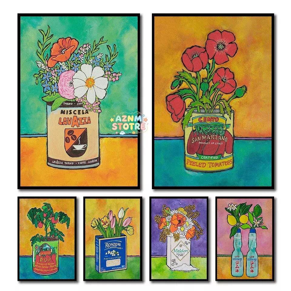 Classic Italian Table Food Poppies Tin Tomatoes Coffee Flower Poster Canvas Painting Wall Art Pictures Home Kitchen Decor