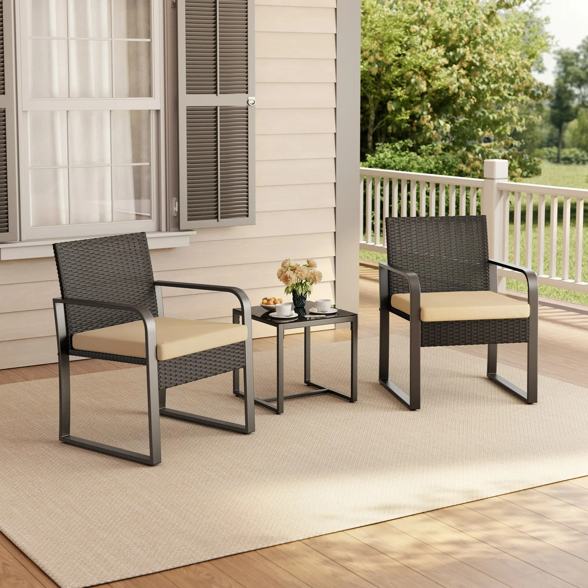 3-Piece Patio Chairs Set with Glass Coffee Table, Outdoor Rattan Furniture Set for Garden, Porch, Bistro, Yard, GrayCushion image 3