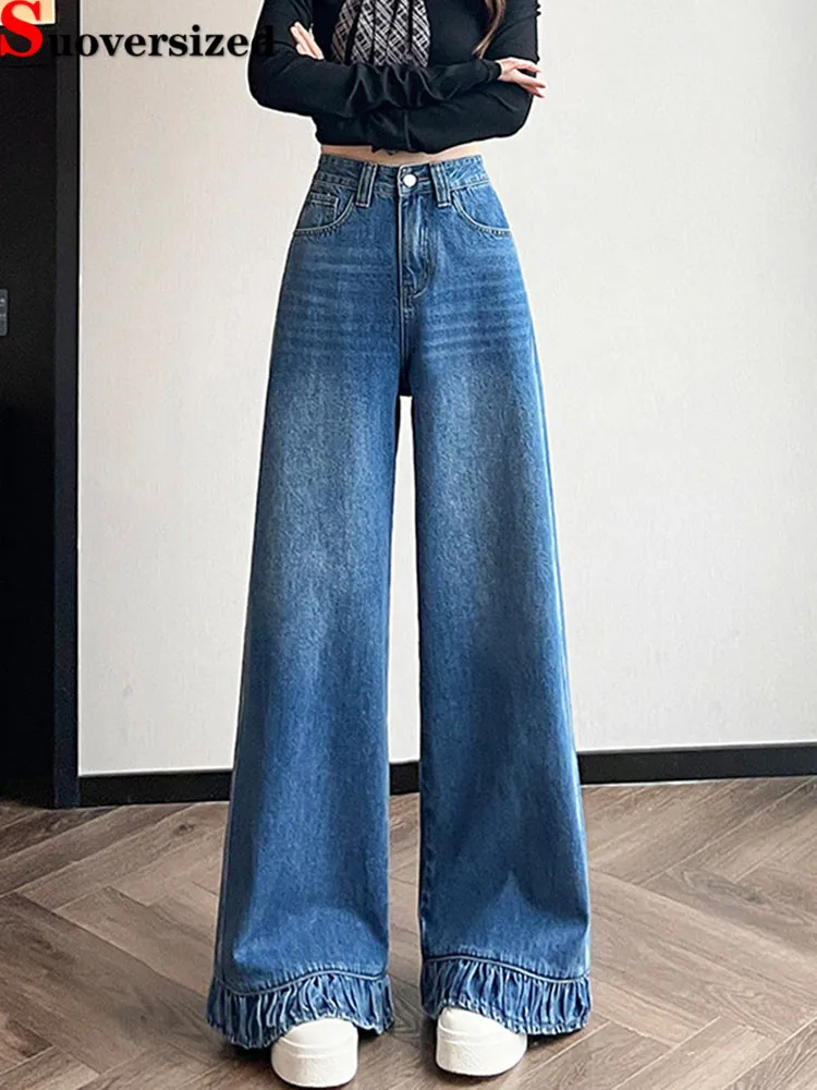 

Морщинистые широкие винтажные джинсы, женские повседневные мешковатые брюки Vaqueros с высокой талией, уличная одежда, свободные модные прямые джинсовые брюки Bootcut