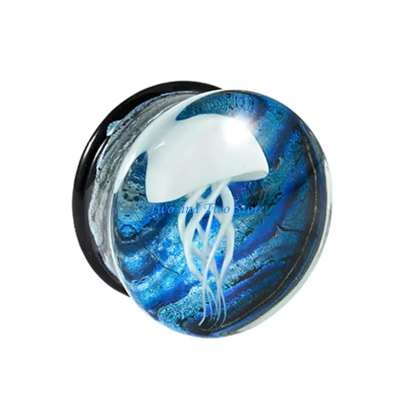 HX6F Artistic Jellyfish Glass Ear Plugs with Black Base and Multicolor Highlights Perfect for Piercing Enthusiasts Present