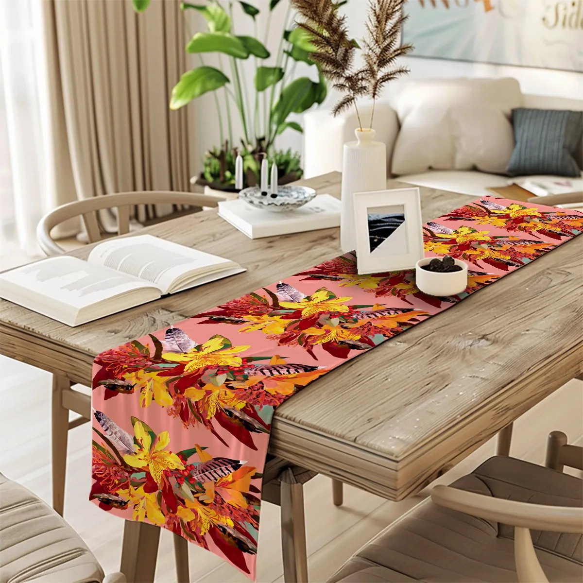 Camino de mesa estampado bohemio Alstroemeria y pájaro estampado Floral tela larga para bodas elegantes accesorios de decoración del hogar, hogar Durab