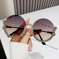 Luxury Brand Designer Diamond Round Sunglasses Women Vintage Fashion Sun Glasses For Men Half Frame Punk Crystal Shades UV400