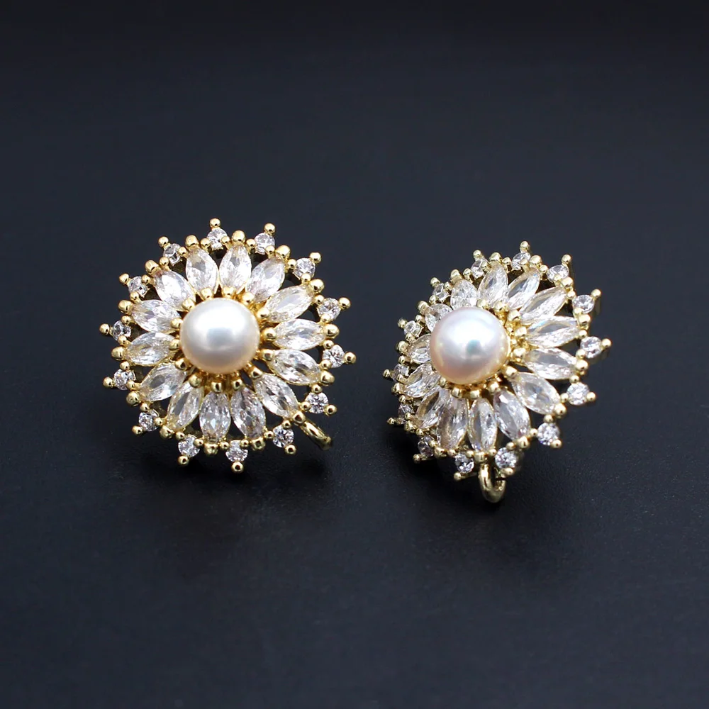 6pair 925 Sterling Silver Flower Cluster Ear Posts Cubic Zirconia Freshwater Pearl Base Earrings Connectors DIY