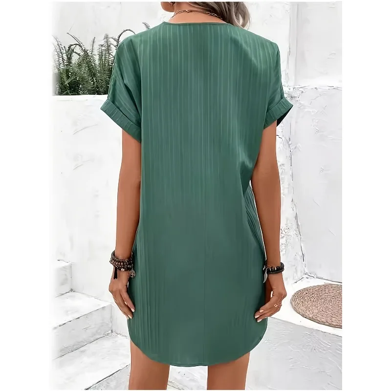 Plus Size 1XL-5XL Women's Loose T-Shirt Dress Ladies V Neck Short Sleeve Beach Baggy Solid Dress