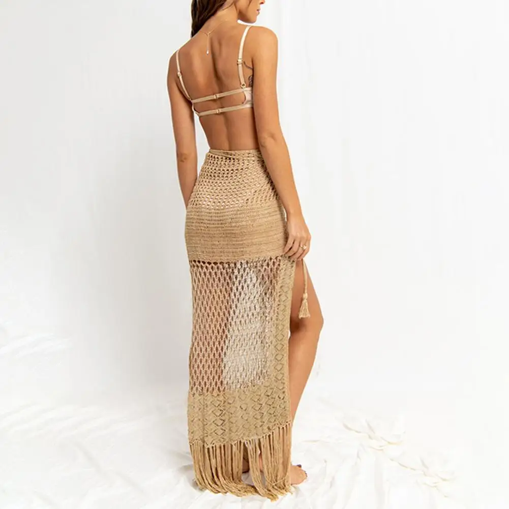 Jupe de plage à pampilles style bohème pour femmes, taille haute, avec fente transparente, longueur au sol