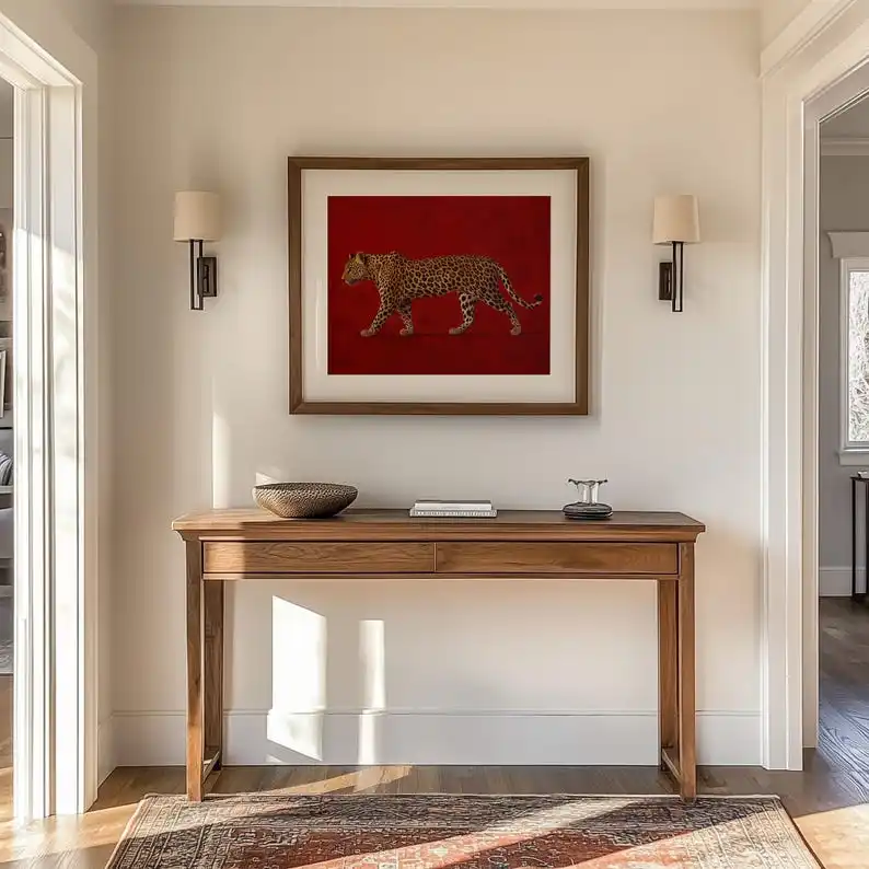 Vintage Rotes Leoparden-Leinwandbild Rahmenloses Maximalistisches Old-Money-Kunstwerk für Luxuriöse Maskuline Schlafzimmerdekoration Geschenk – Detail 5