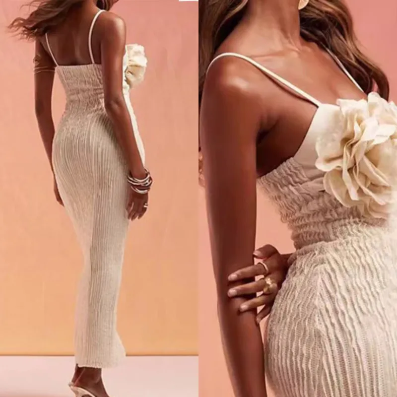 

Sexy Halter Neck Bodycon Dress Elegant 3D Embellished Bustier Beach Dress Stylish Women's Spaghetti Strap Skinny Vestidos Dress