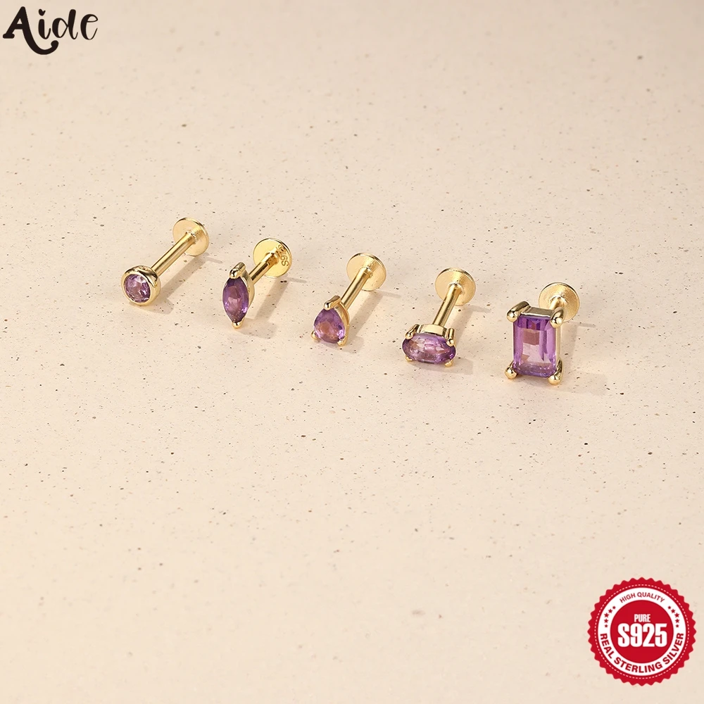 Aide Plata 925 Sterling Silber 1-teilige natürliche Amethyst-Piercing-Ohrringe, flacher Kopf, Gewinde, Punktion, Ohrknochen-Ohrstecker, Schmuck
