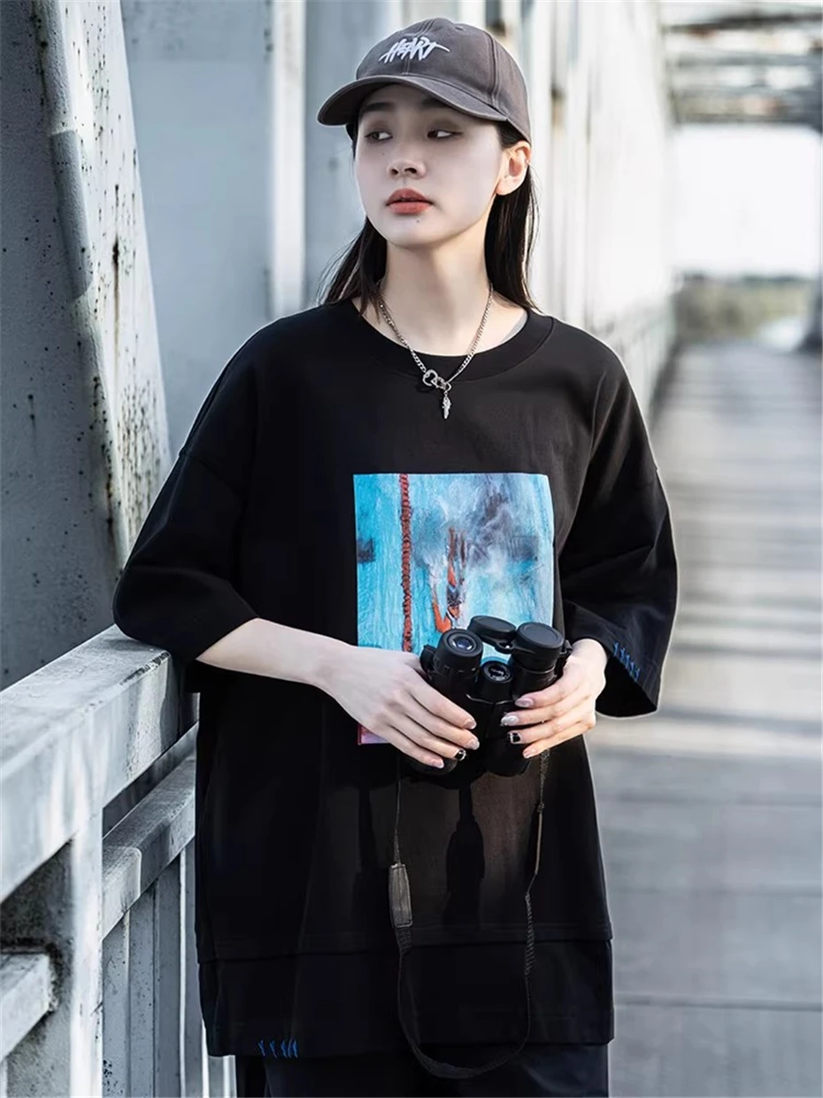 Men Canvas Print T-Shirt Streetwear Hip Hop Punk Y2k Short Sleeve TShirt Men Harajuku Vintage Loose Casual Cotton Tees Tops Male