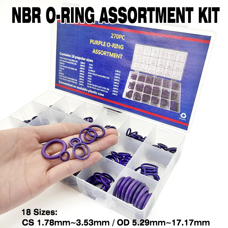 270Pcs NBR O-Ring Assortment Kit Nitrile Rubber High Pressure O-ring Seal Kit Valve CS 1.78mm~3.53mm OD 5.29mm~17.17mm Purple