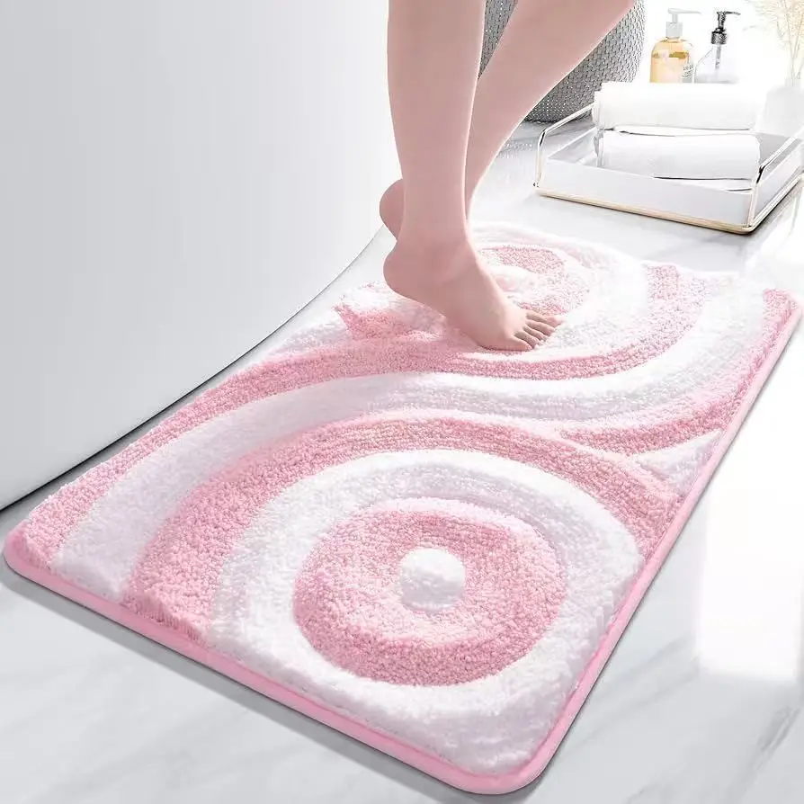 VIKAMA Spiral Pattern Pink Non-Slip Bath Mat Soft, Absorbent, Machine Washable Fresh Nordic Style Bathroom Mat Home Decor