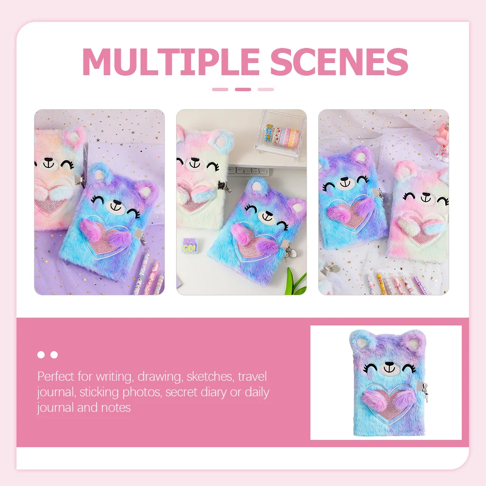 Girls Fuzzy Diary Notebook with Lock Stuffed Animals for Cartoon Notepad Plush The