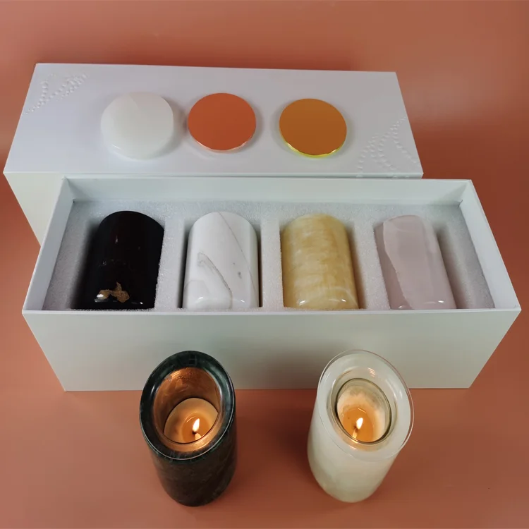 Wholesale 10pcs Custom Best Selling Gift Box Packaging Luxury Stone Candle Holders With Lid And Glass Insert For Home Decoration