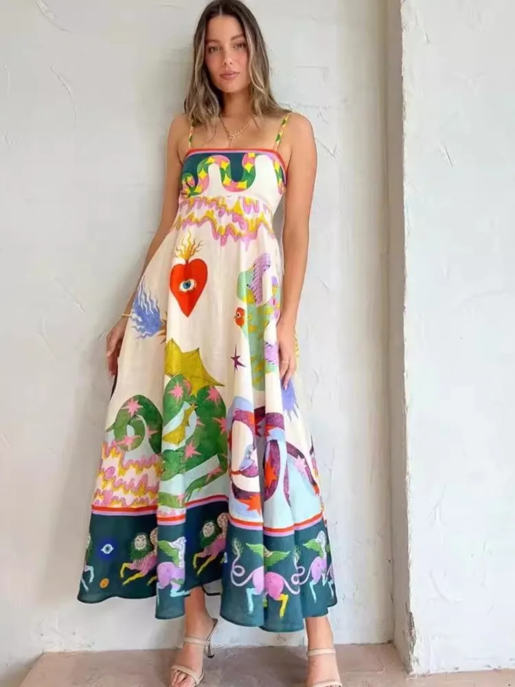 

Spaghetti Strap Dresses Coconut Tree Print Vacation Style Sleeveless A-line Maxi Slip Dress For Spring & Summer Women's Clothing