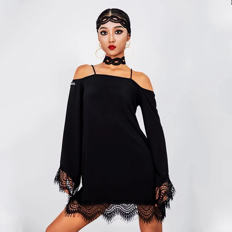 2022 New Latin Dance Dress Women Black Lace Loose Practice Dress Adult Rumba Salsa Dance Costume Long SLeeves Dress DNV17031