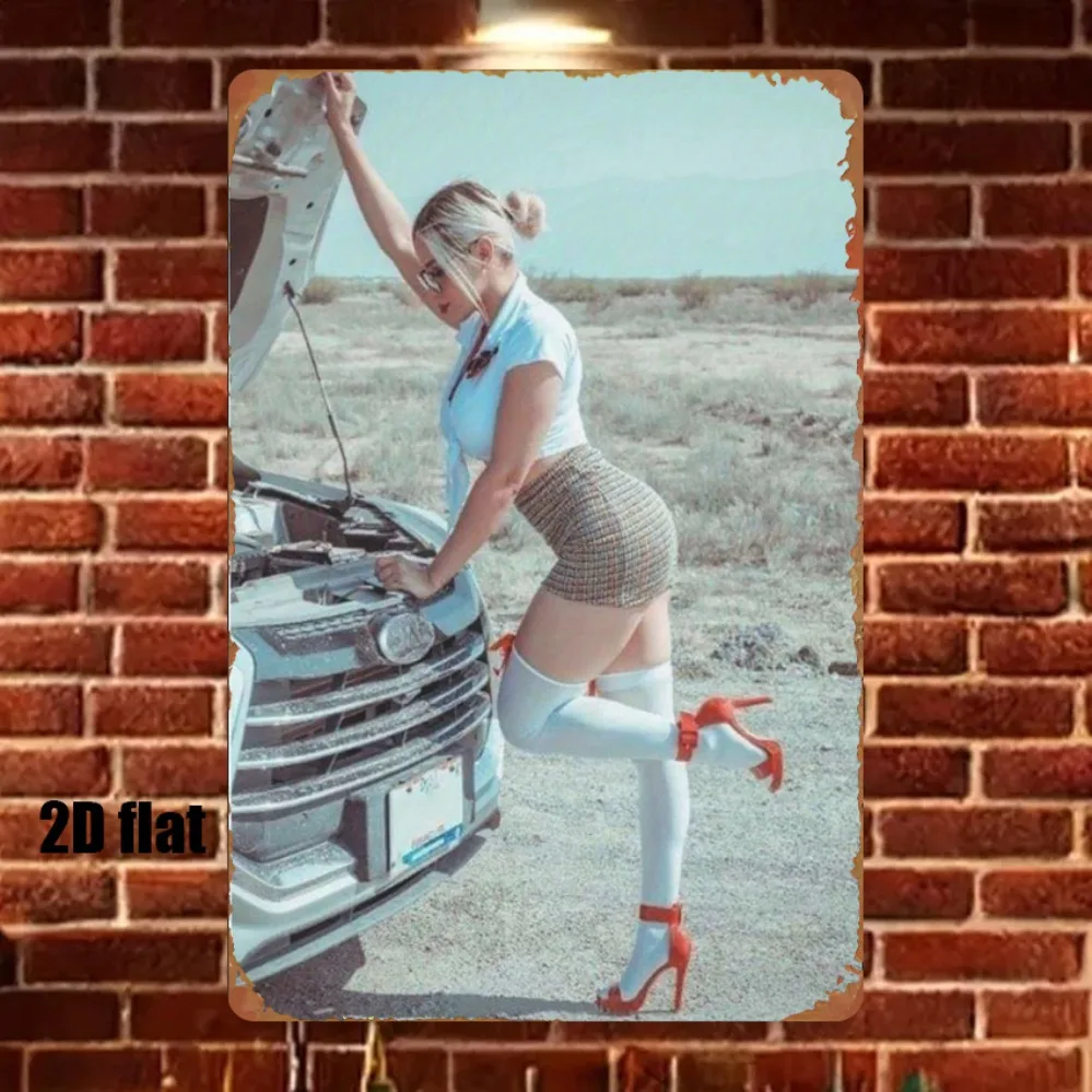 Vintage 1950s Road Trip Metal Wall Art, Retro Car & Plaid Dress Woman Poster, Pre-Drilled 2D Flat 8x12 Inch