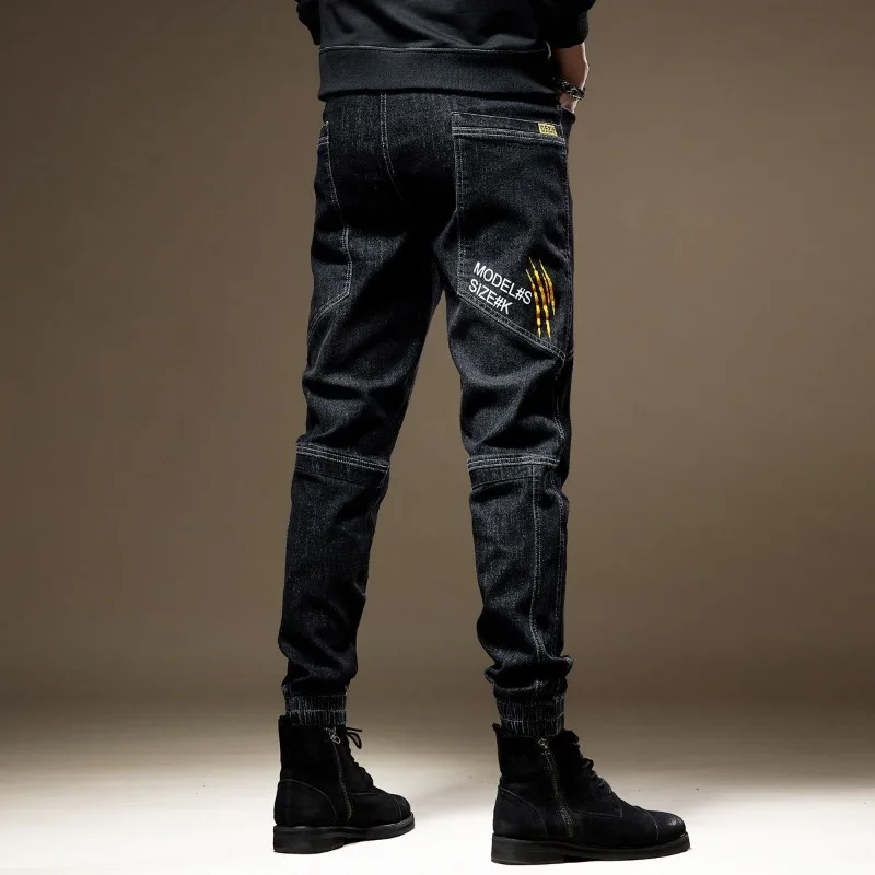 Spring Autumn Casual Pants Multi-Pockets Elastic Designer Denim Male 2023 Streetwear FASHION Splice Black Jeans Slim Fit Trouser