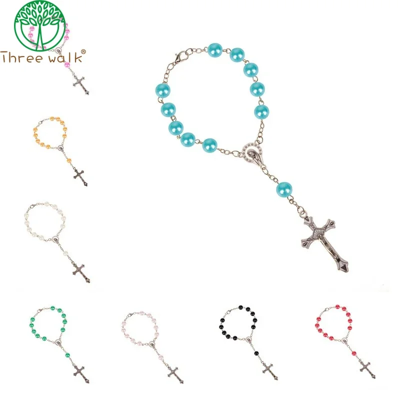 CR012 10pcs Catholic Rosary Bracelet Cross Glass Beads Decade Pendent For Women Jewelry Gift 2024