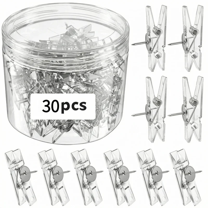 30Pcs Push Pin Clips Transparent Thumbtack for Bulletin Board Cork Board Photo Wall Decoration Display Office Supplies