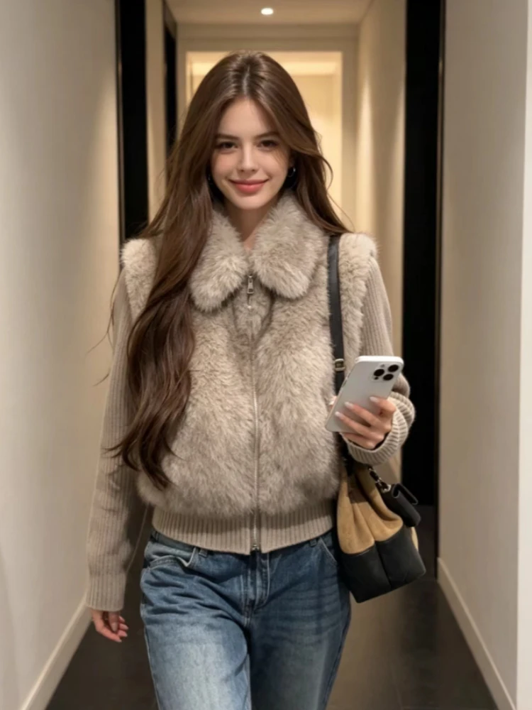 Women Winter Faux Fur Coat Fashion Solid Color Knitted Rib Patchwork Fake Fur Zipper Jacket New Design Lapel Warm Outerwear