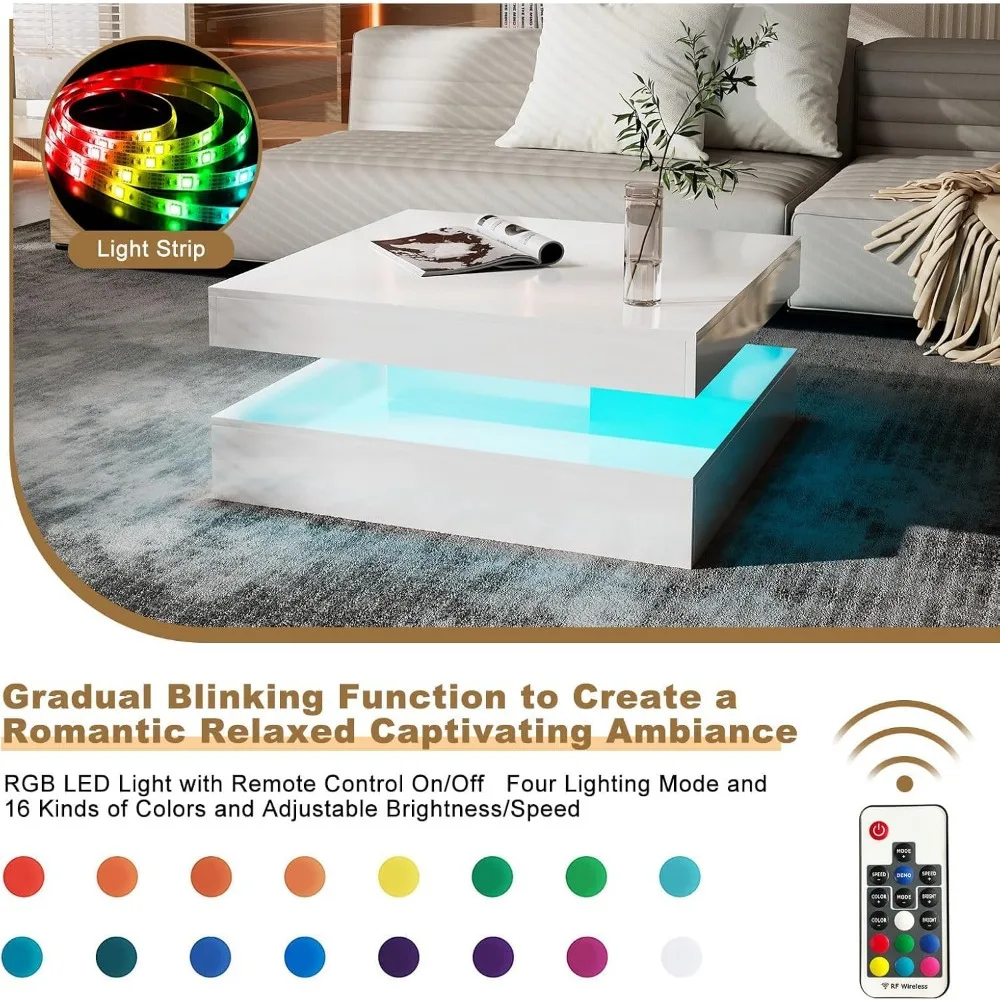 Modern Square 2-Tier Coffee Table with Storage, High Gloss Wooden Living Room Furniture Centerpiece