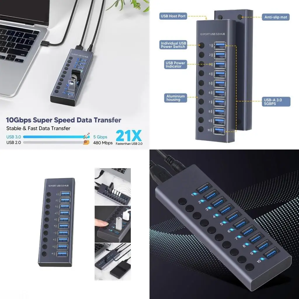 

D08B Multi Port USB3.0 Hub Expands To 10 Port USB Splitter Adapter 5Gbps Fast