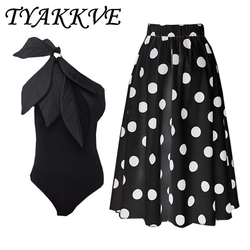 

TYAKKVE 2024 Summer New Sexy Slim Fit One Piece Swimsuit Black 3D Petals Women's Bikini Swimwear Round Skirt Two Piece Set