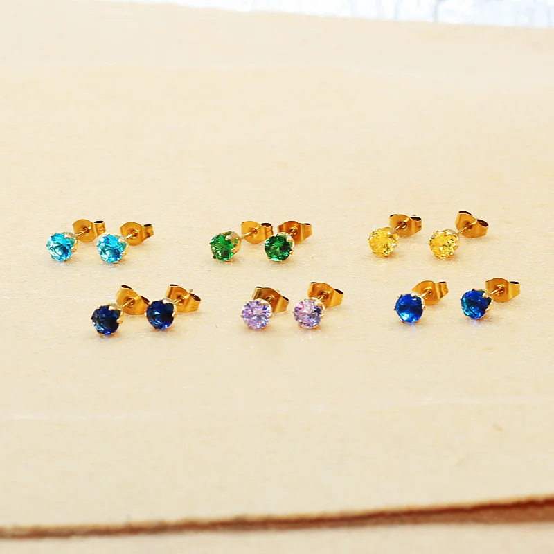 5mm AAA Round Colorful Green Royal Blue Zircons Stud Earrings With Stianless Steel Needle Brief Jewelry No Allergy