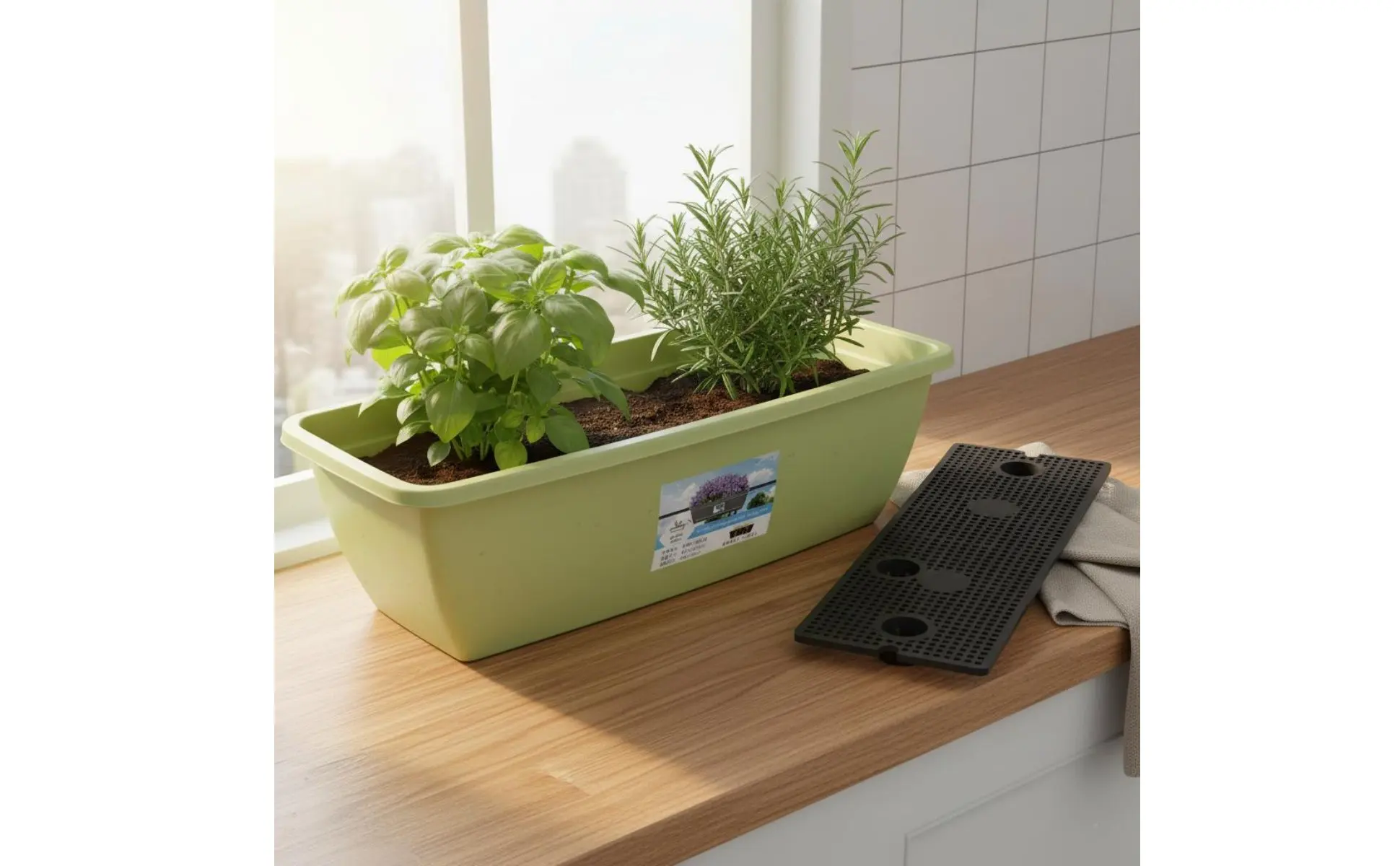 Long Plastic Vegetable Planter Weather Resistant Automatic-Watering Flower Pot Rectangular Planter Integrated Drainage Tray