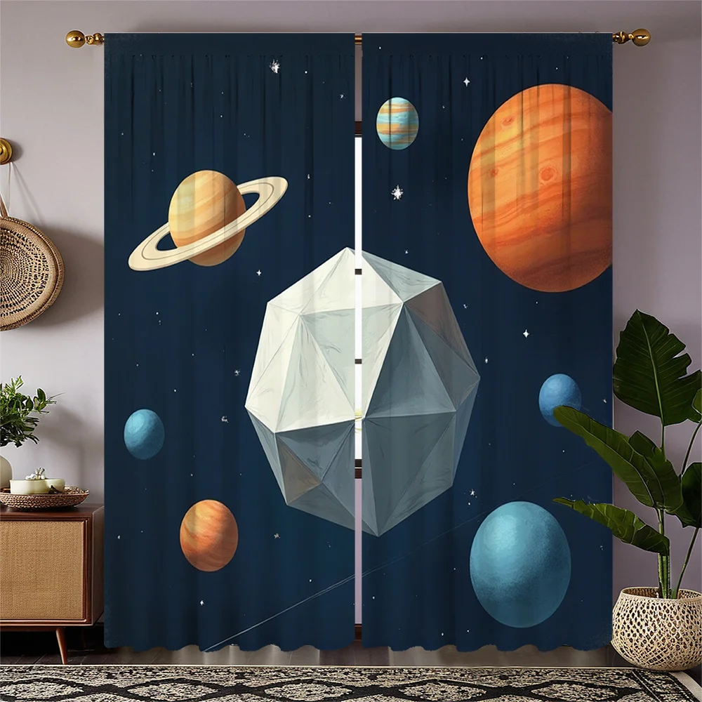 2Pcs Space-Themed Curtains - Celestial Starry Sky Design With Planets, Stars & …
