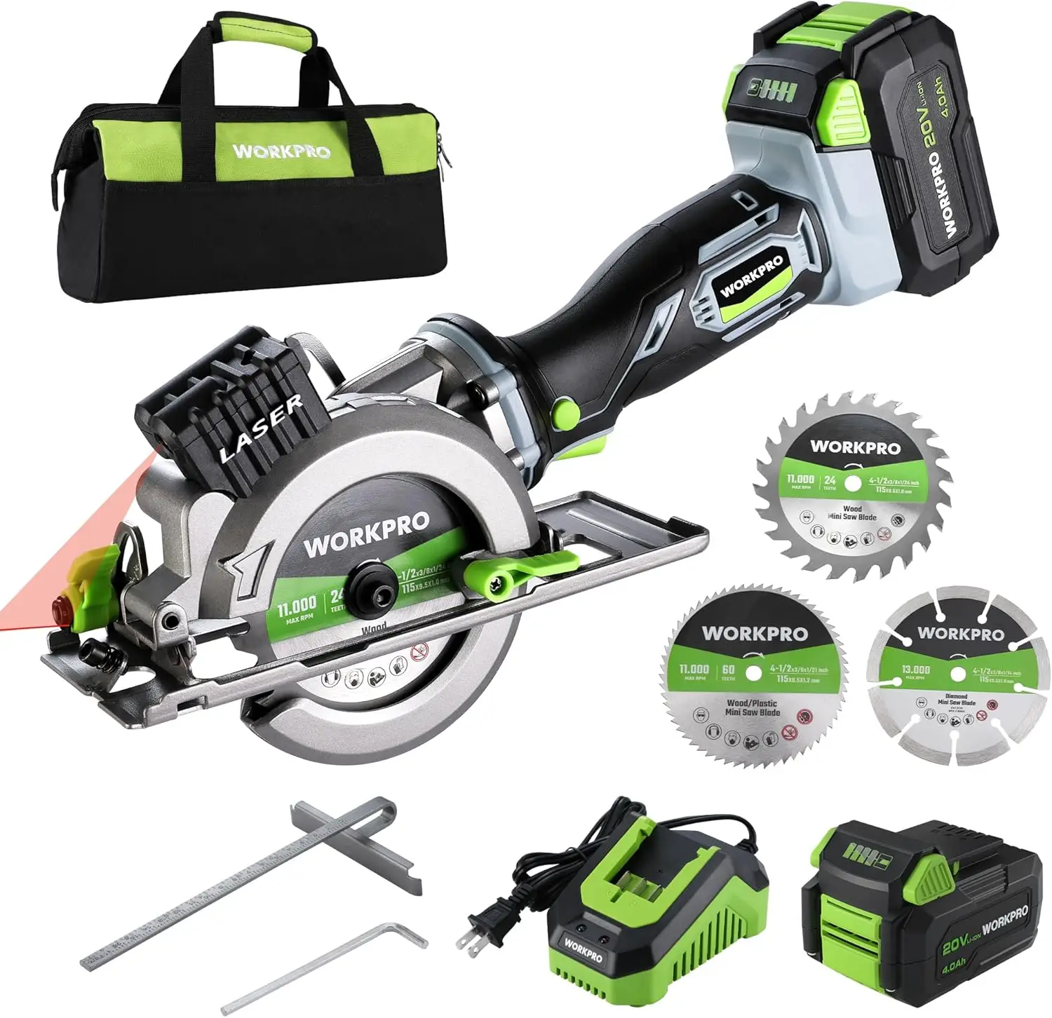 

20V Cordless Mini Circular Saw 4-1/2" Compact Wireless Circular Saw 4.0Ah Battery, Fast Charger 3 Saw Blades 4500RPM Laser Guide