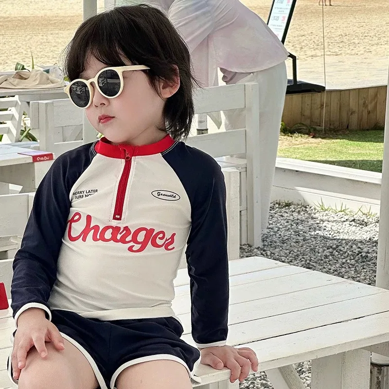 Boys UV Protection Swimsuit Set Half Zip Long Sleeve Shirt with Swim Trunks BathingSuit Toddler Rash Guard Swimming Wear 2-9Y