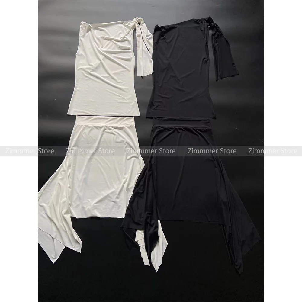 Hot Girl Niche Twisted Asymmetric Lace-up Slim Short-sleeved T-shirt Top + Fishtail Skirt Set