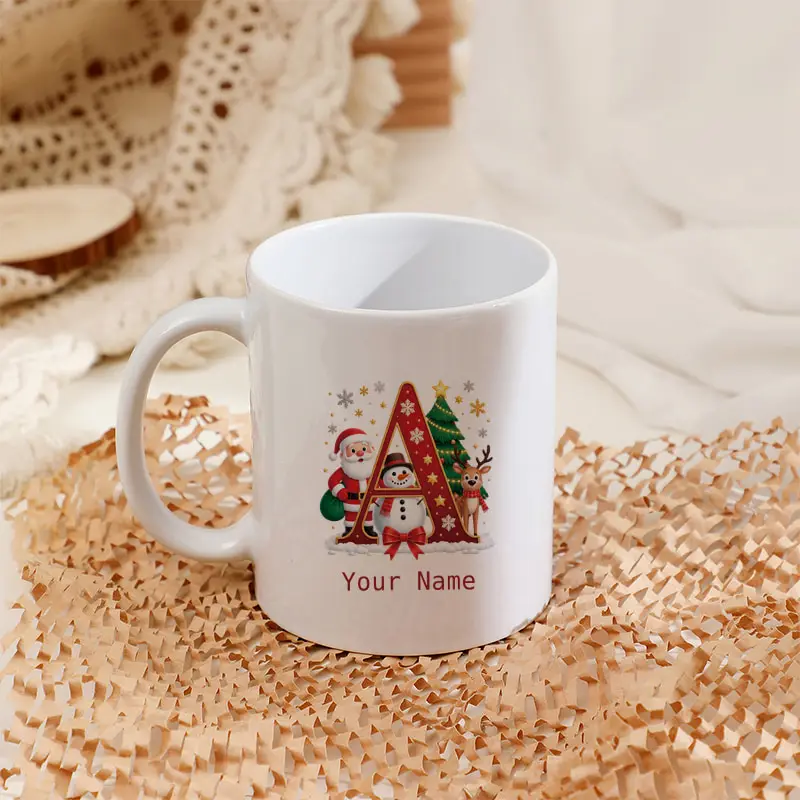 Personalized Custom Name Christmas Monogram Letter A-Z Mug Santa Snowman Xmas Tree Reindeer Ceramic Coffee Cup Holiday Gift