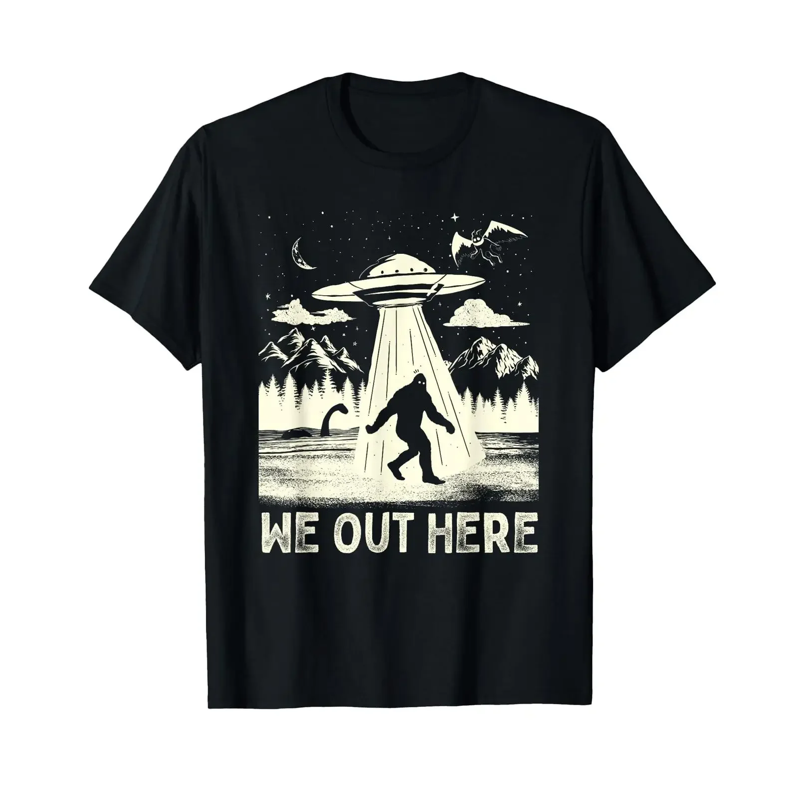 We Out Here Funny Bigfoot Mothman Cryptid UFO Abduction T Shirt vintage Washed Breathable Slightly fashion Stylish Soft homme