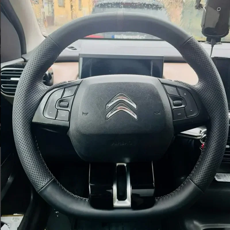 

Car Steering Wrap for Citroen C4 Cactus 2013 2014 2015 2016 2017 Hand Stitched brown stripe black Leather Steering Wheel Cover