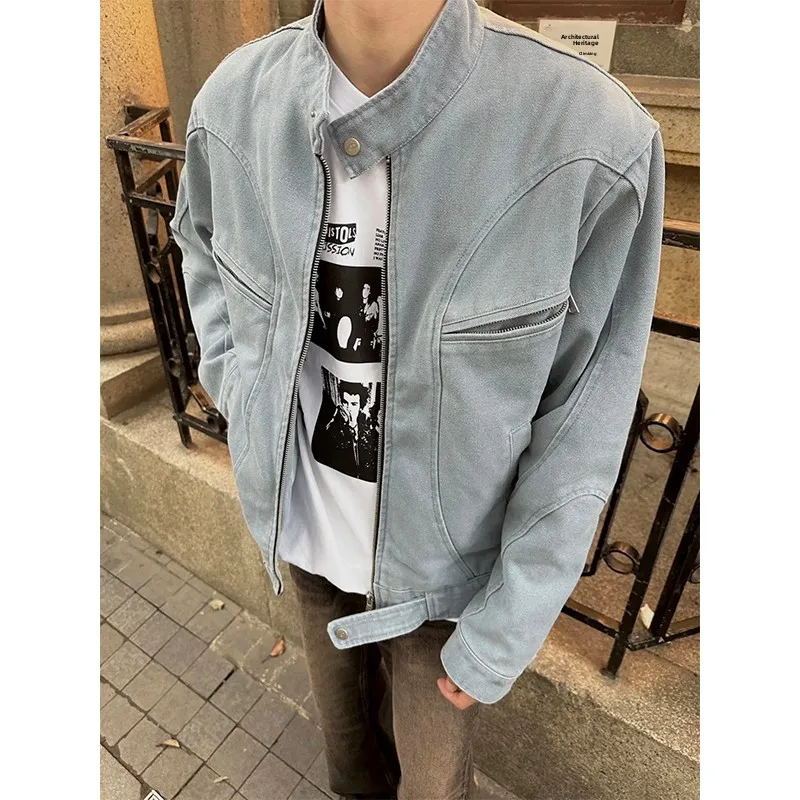 

Blue ort Men's Denim Jaet Spring Autumn American Retro Zipper Trendy Baseball orm High-End Harrington Jaet