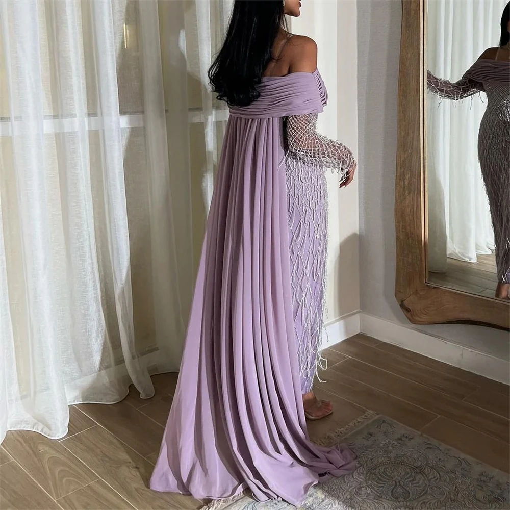 

Customized Modern Purple Chiffon Evening Dress Exquisite Off the Shoulder Homecoming Dress Sweep Train Special Occasion Gowns