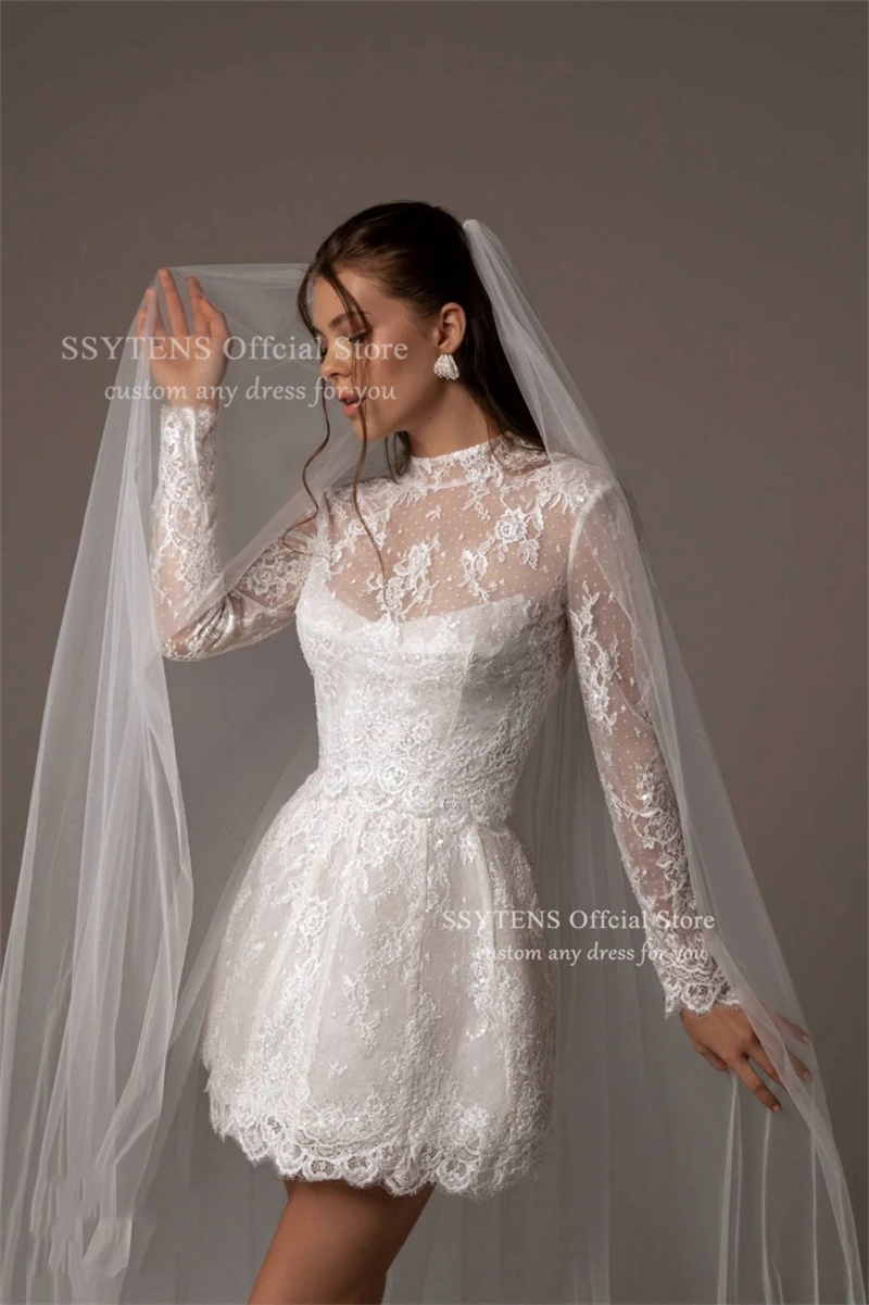 Sukienki ślubne cywilne SSYTENS z wysokim dekoltem, krótkie, w kształcie litery A, mini, sukienki na przyjęcia, iluzoryczne aplikacje, sukienki na powrót do domu, szyte na miarę