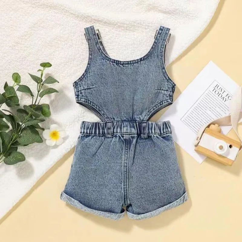 2024 Kids Girls Clothes Set Jumpsuits Summer Denim Short Triple Breasted Outfits Baby Clothing 4 5 6 7 Year