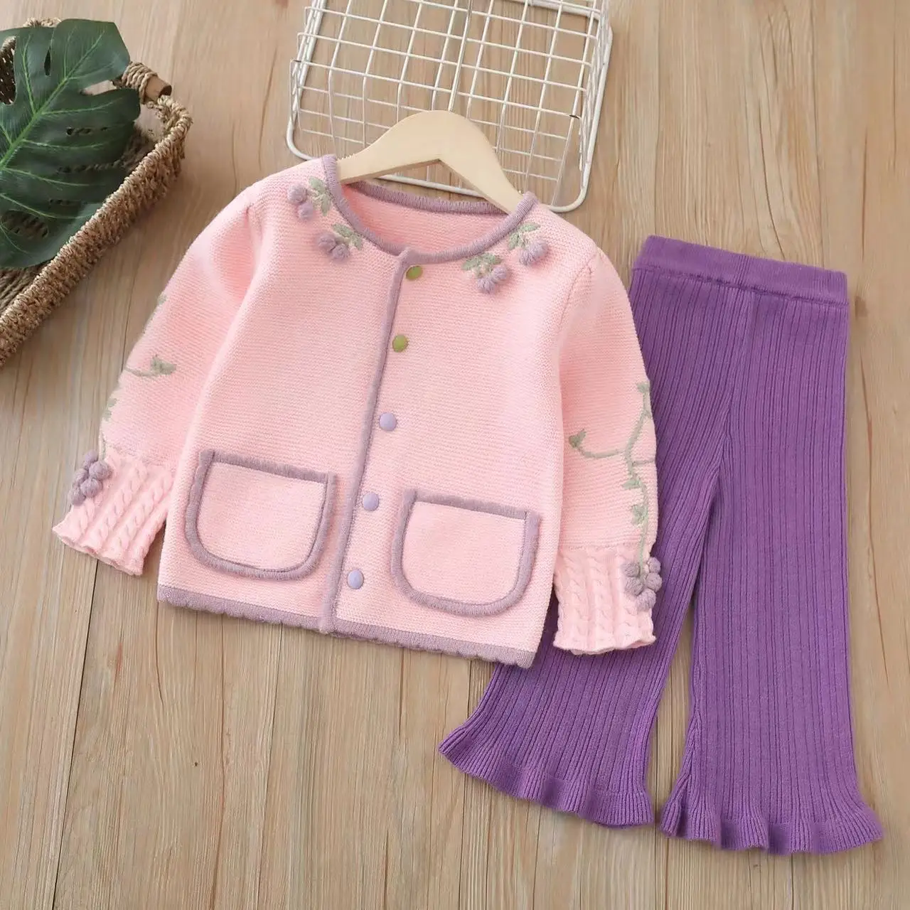 

Wm81503 2024 Fashion Pink Knitted Coat and Pants For Girls Clothing Size 3 4 6 8 10 12Years